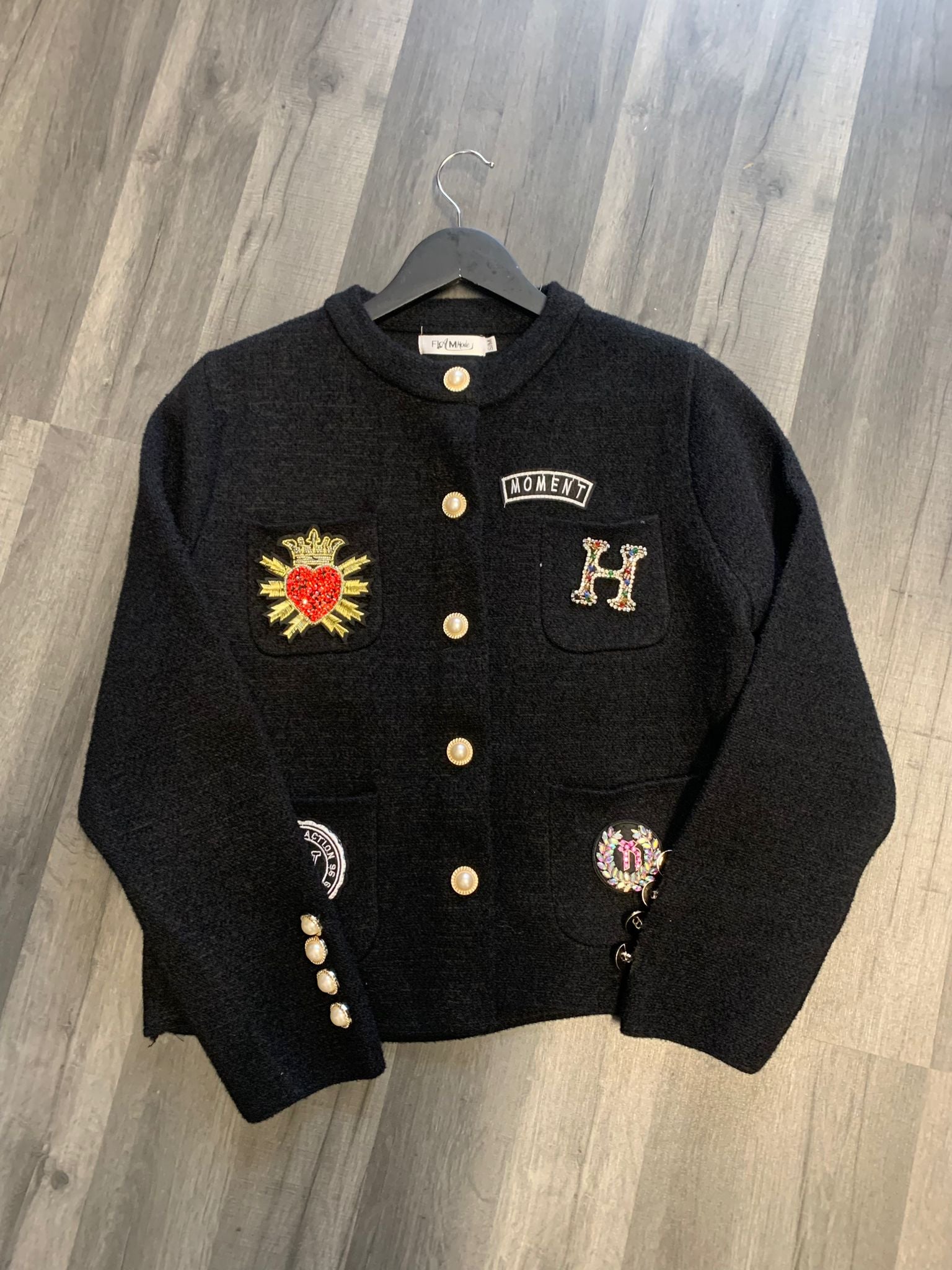 Badge cardigan with pearl button detail