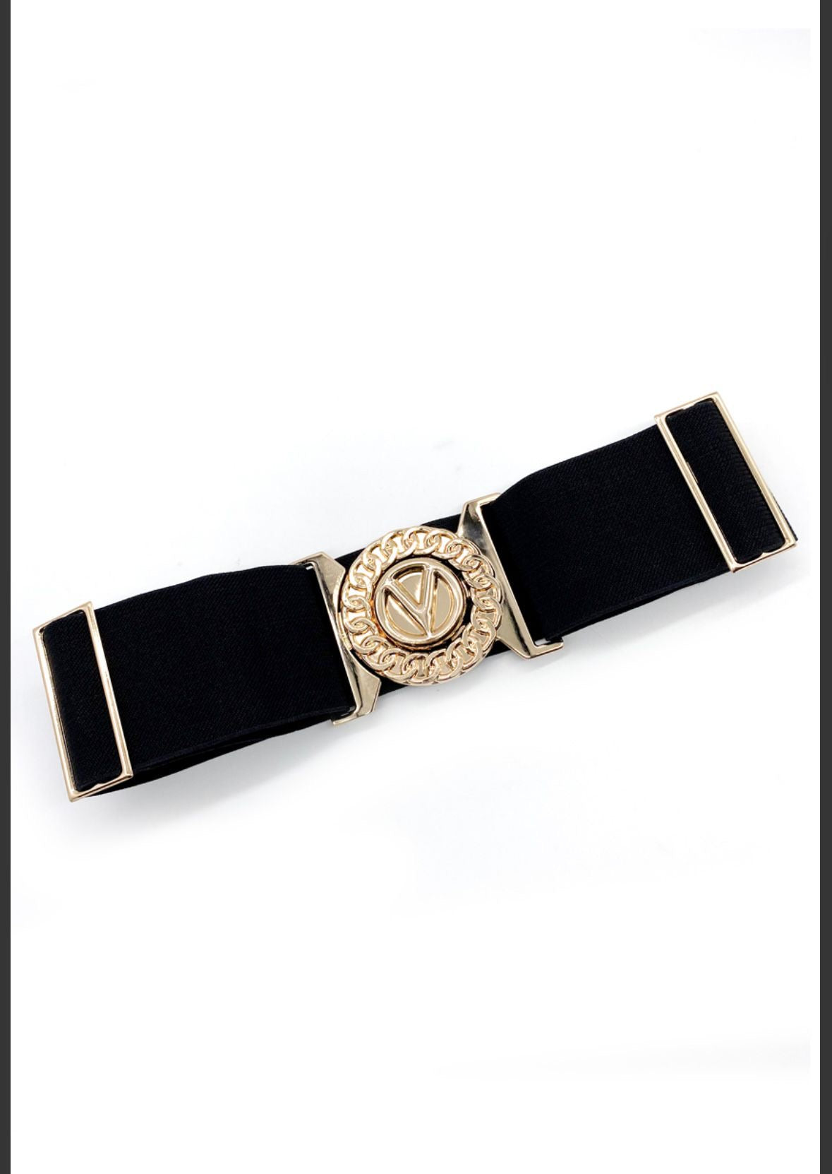 Elasticated waist belt with gold V buckle