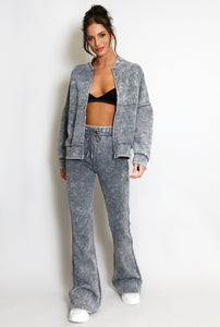 Acid wash fitted flared trousers