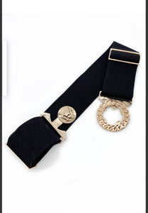 Elasticated wait belt with gold lion buckle