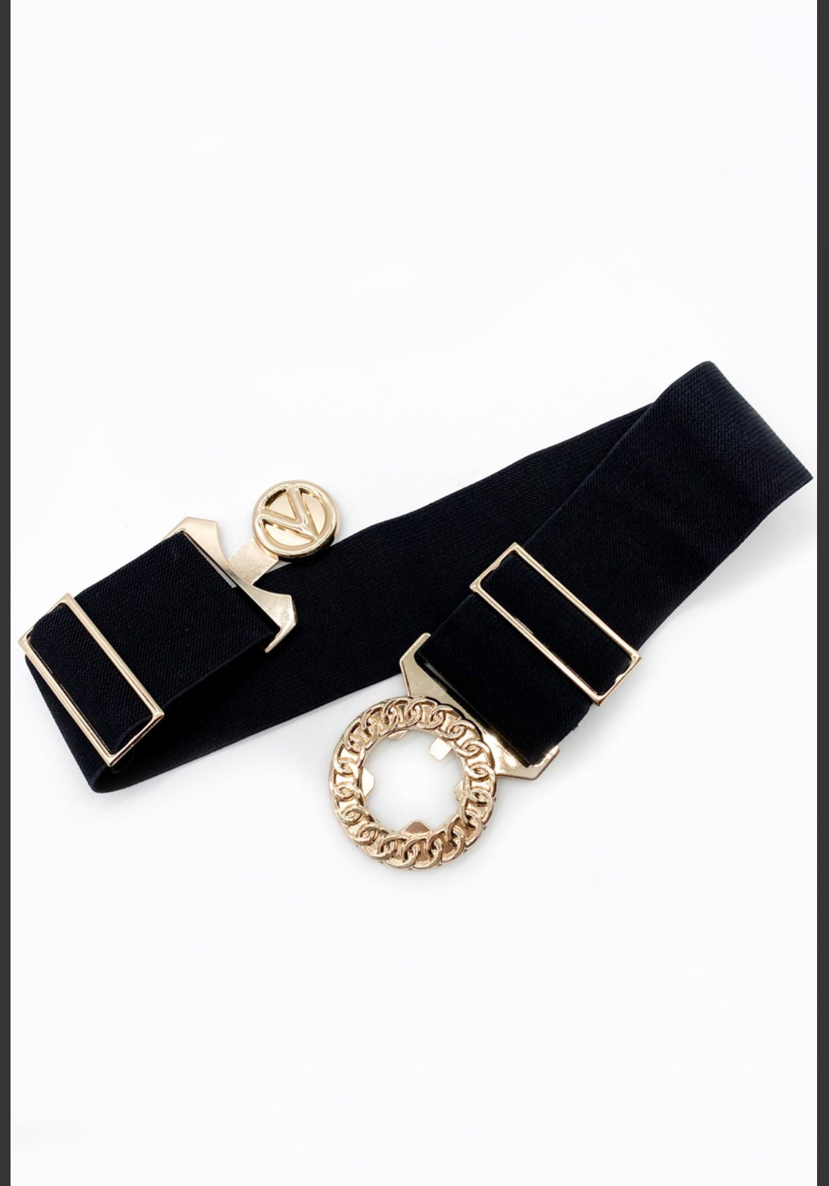 Elasticated waist belt with gold V buckle