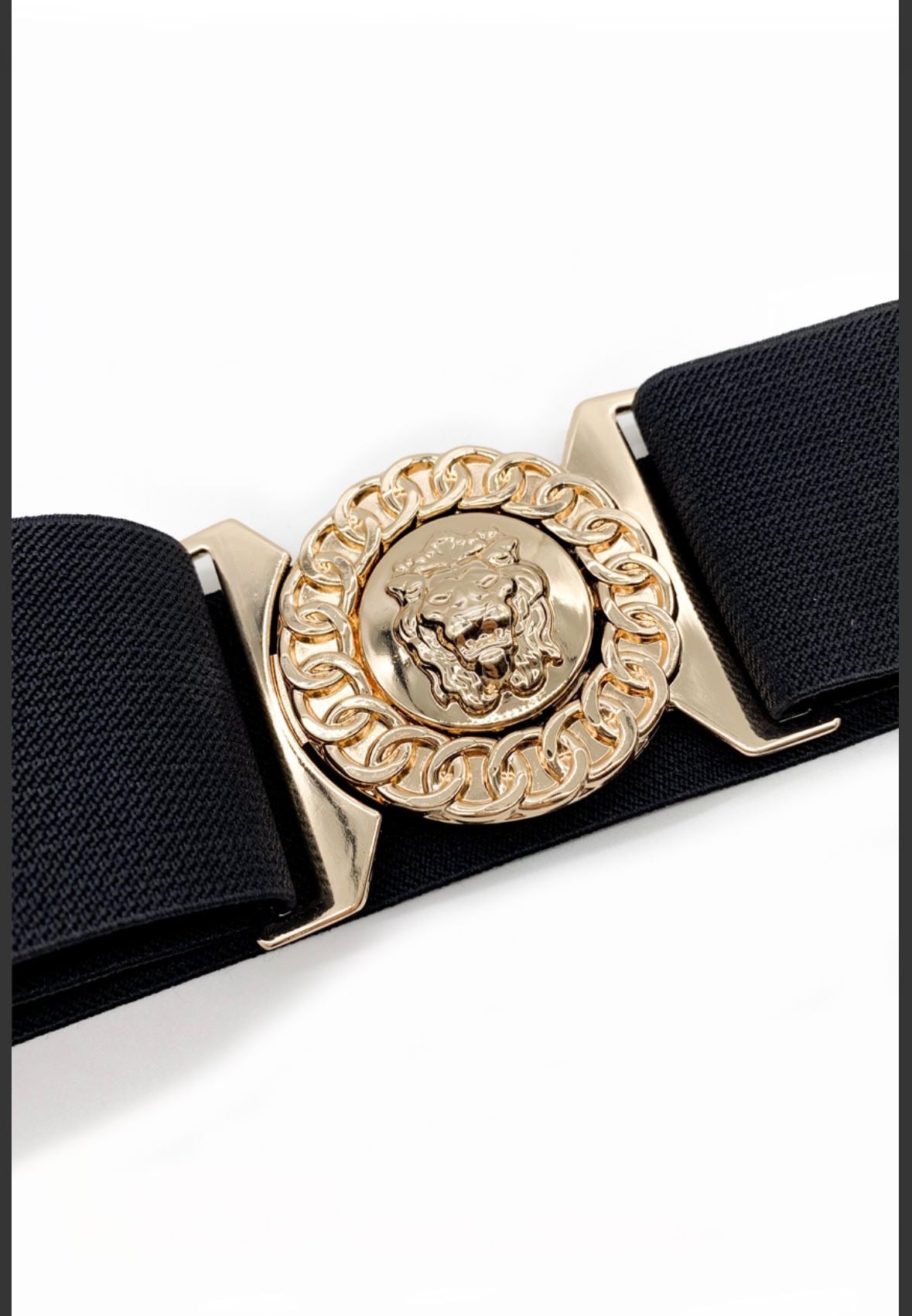 Elasticated wait belt with gold lion buckle