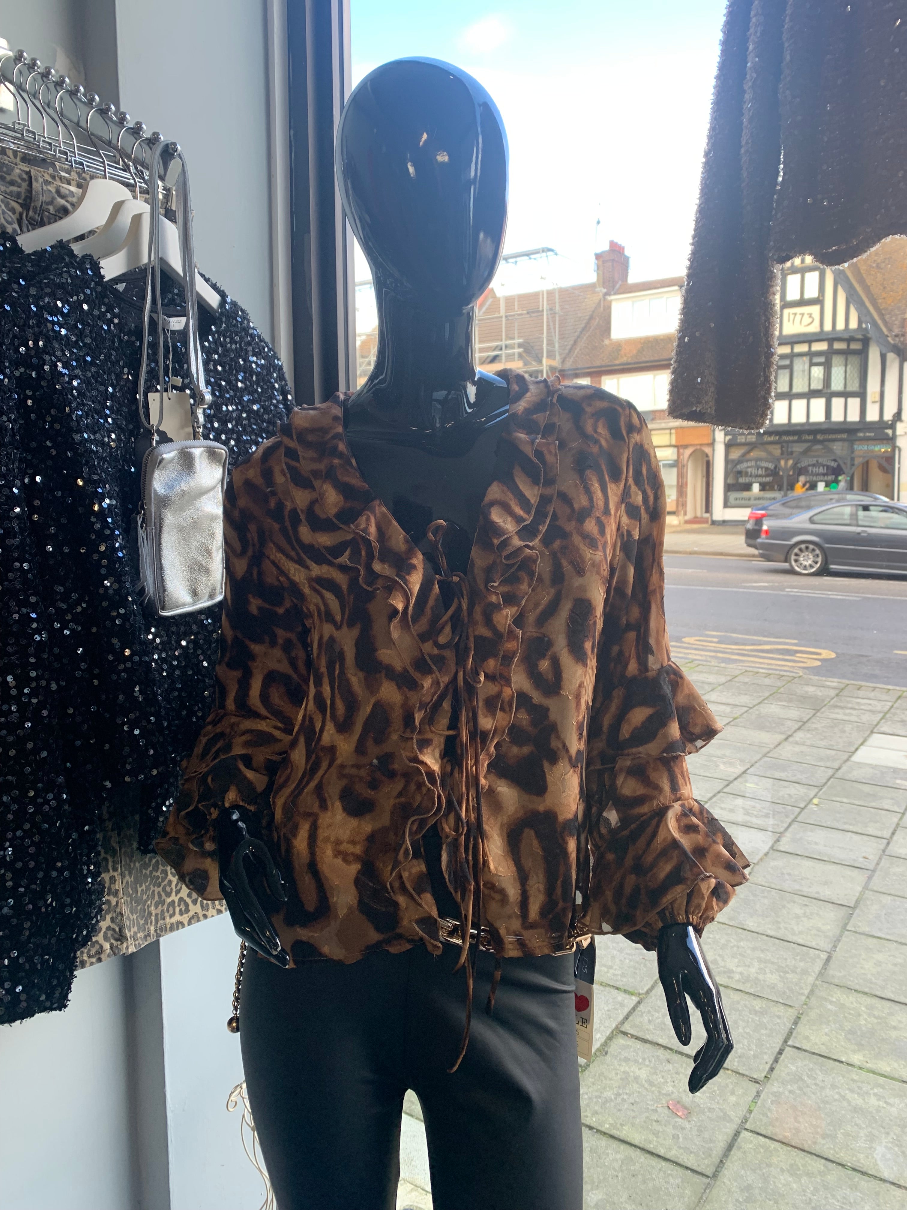 Leopard print tie blouse