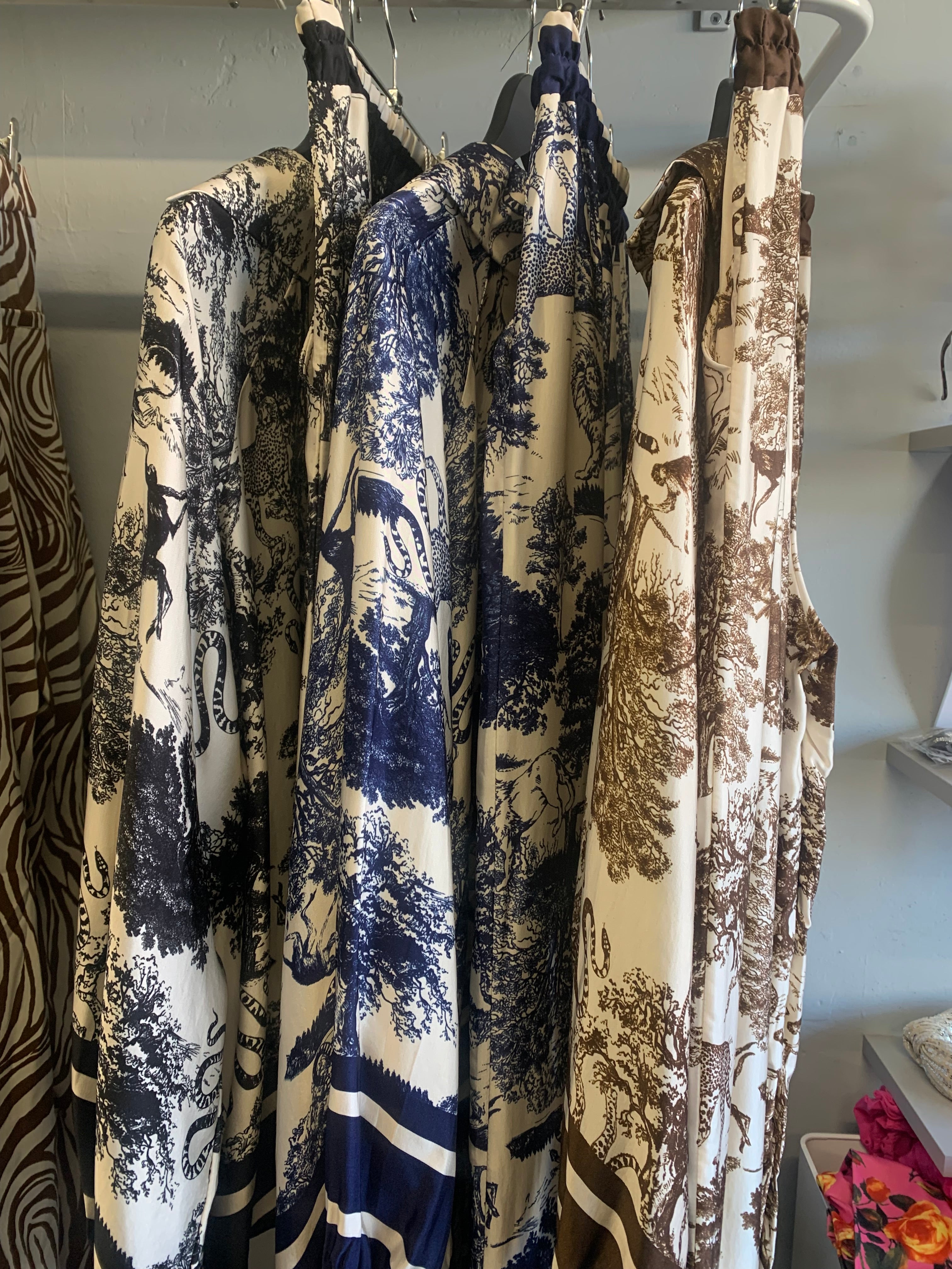 Safari print blouse and trouser set.