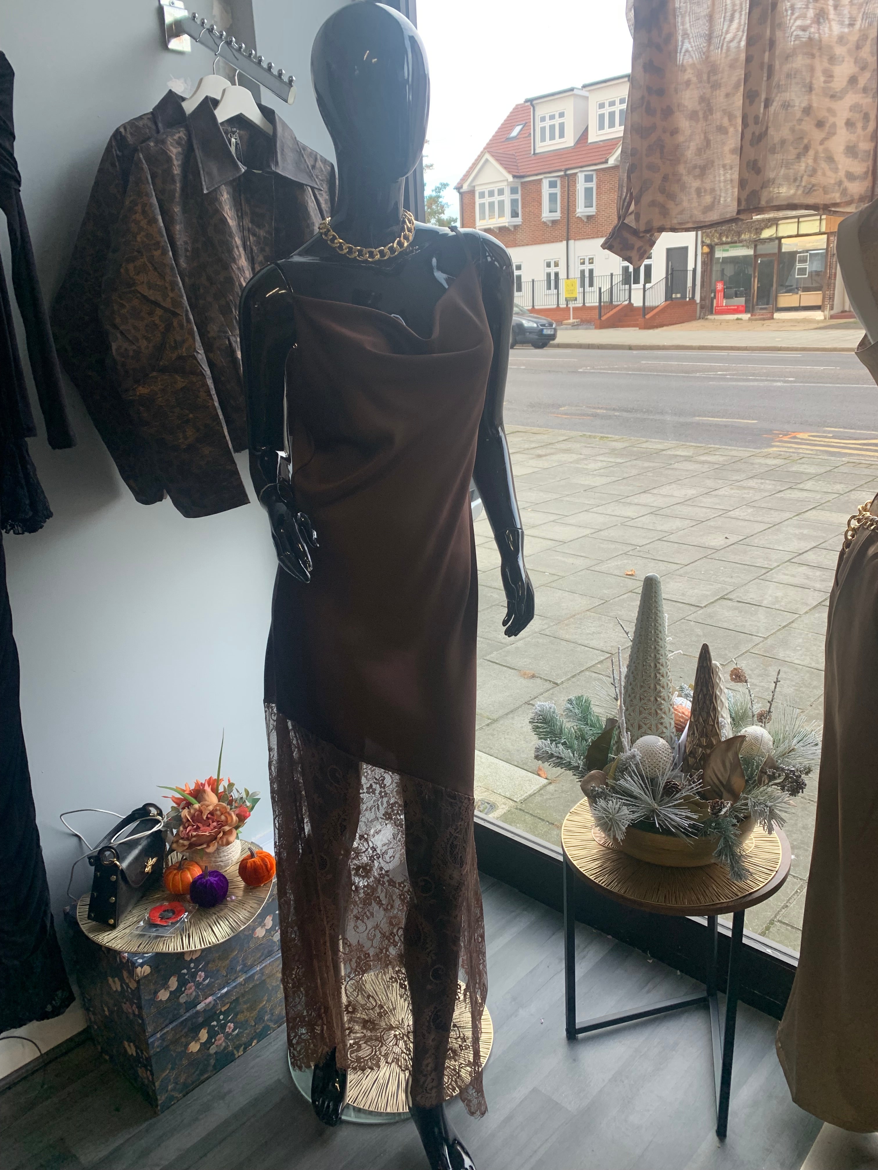 Brown lace silky dress