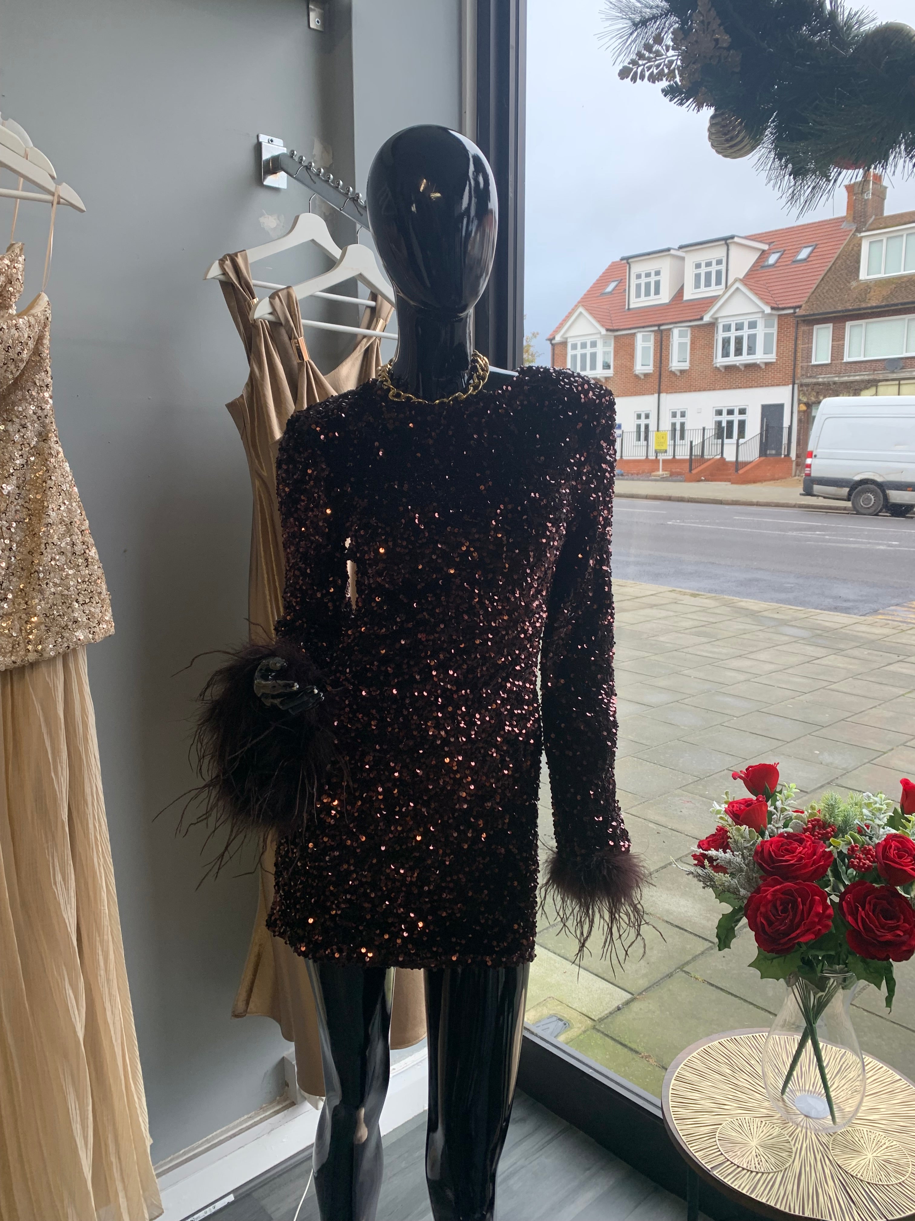 Brown sequin mini dress