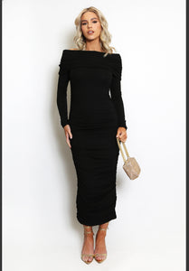 Bardot Side Ruched Midi Dress