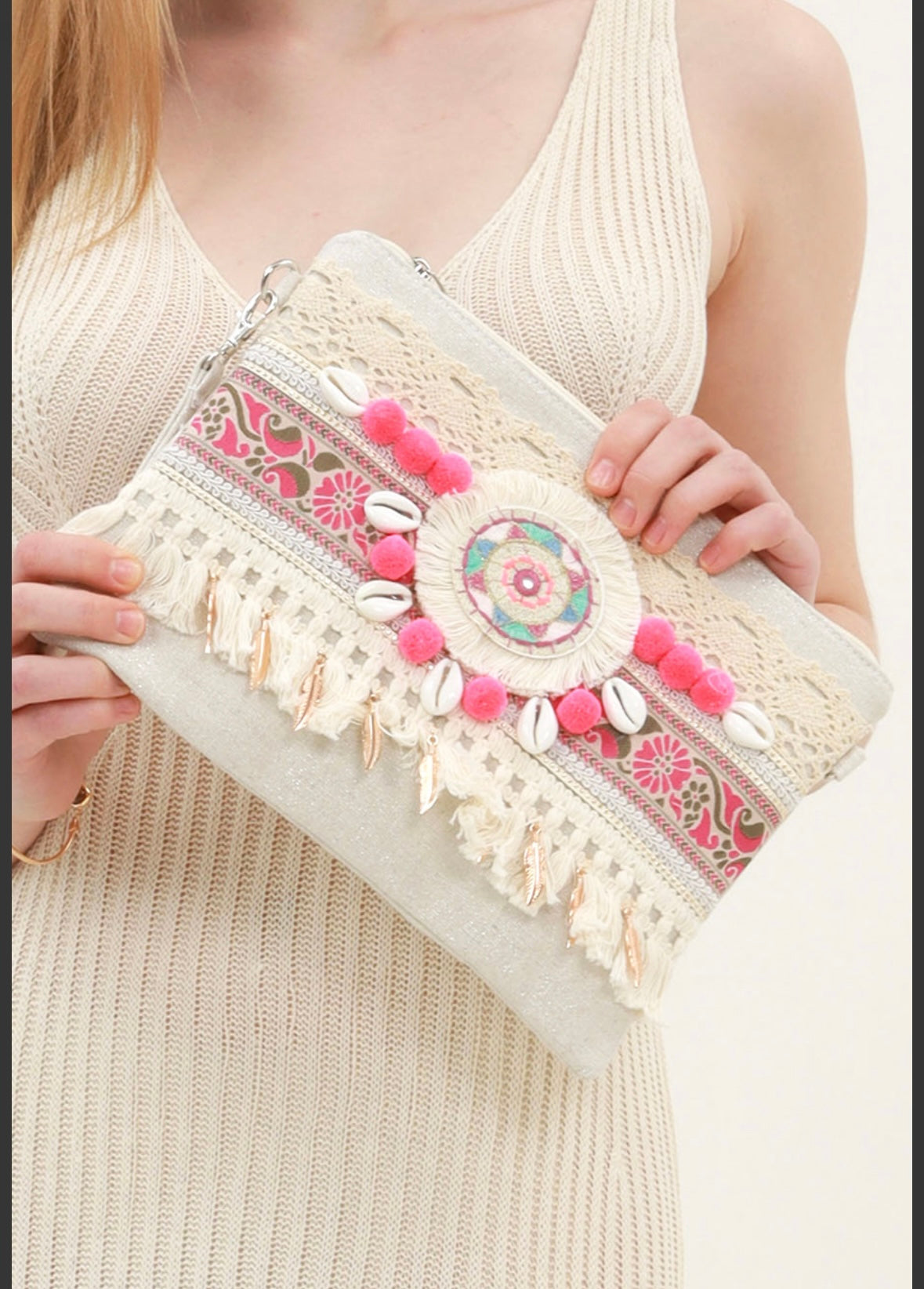 Fuchsia Tassel Boho Clutch Bag