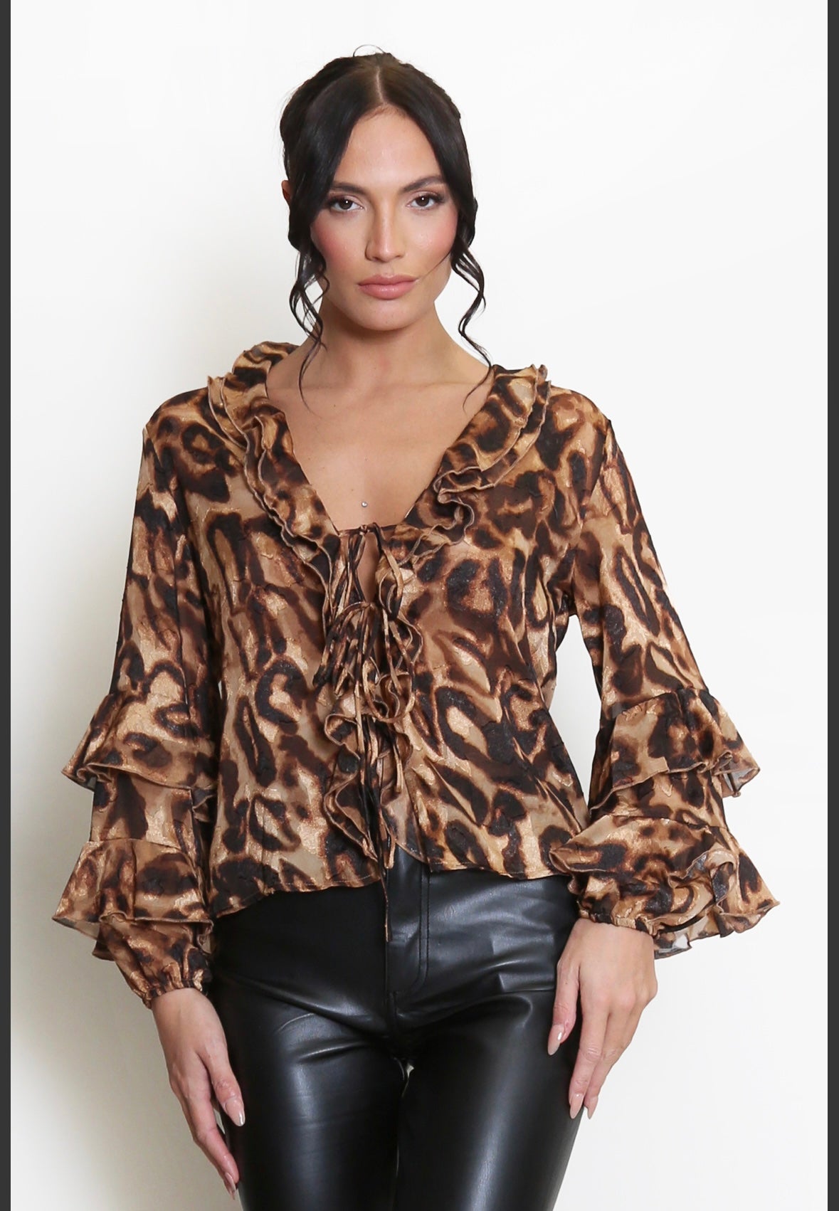 Leopard print tie blouse