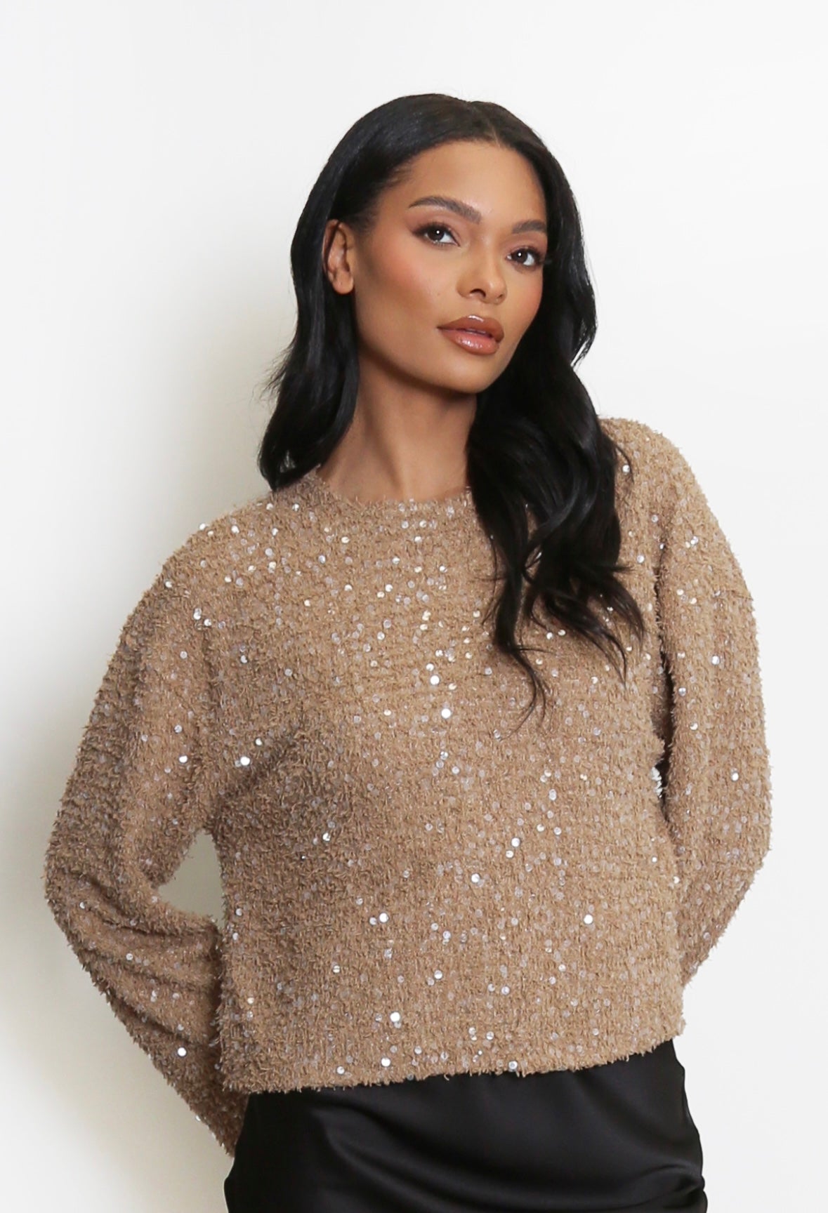 Sequin Tweed Long Sleeve Top