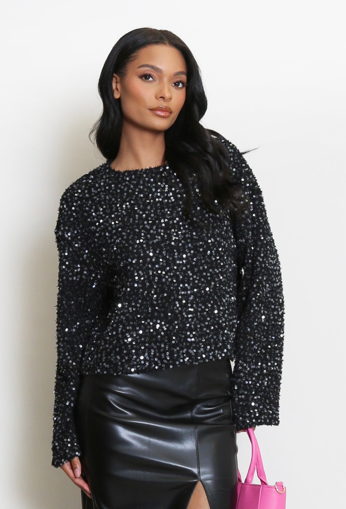 Sequin Tweed Long Sleeve Top