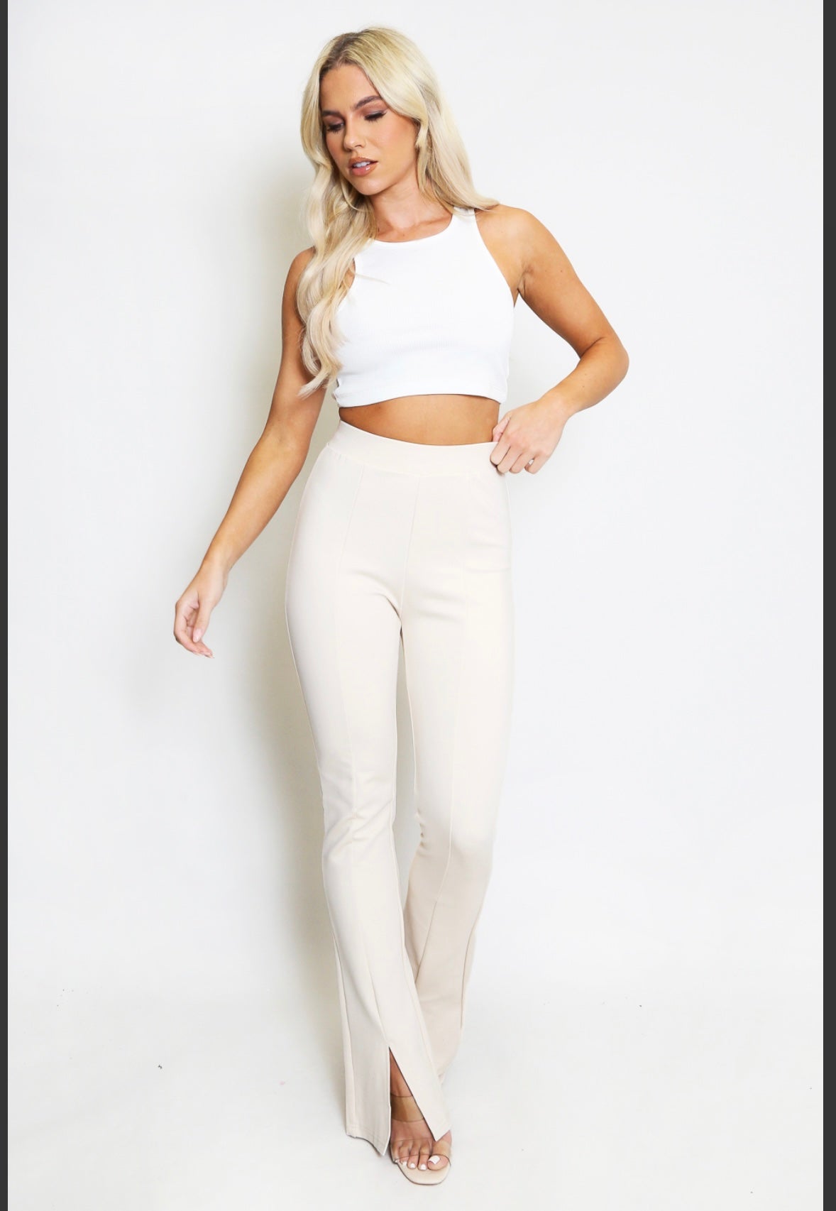 High waist ankle slit flare trousers