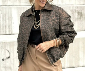 Brown leopard print bomber jacket
