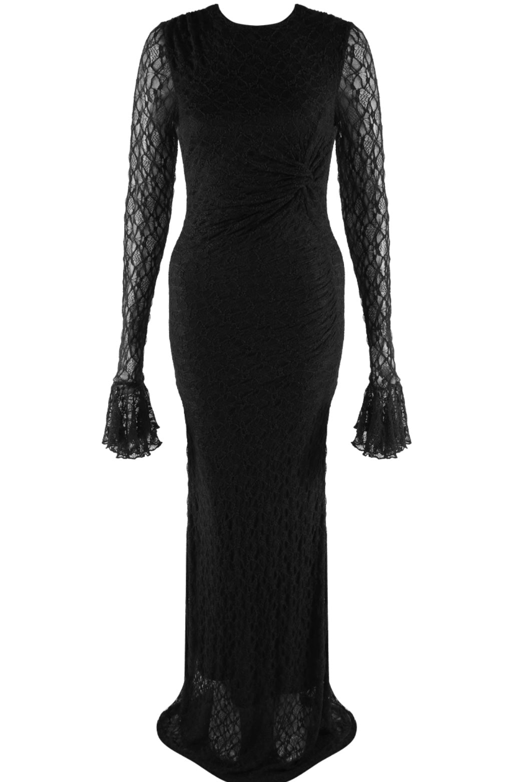 Sheer Sleeve Lace Ruched Maxi Dress