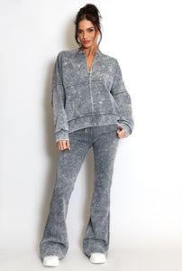 Acid wash fitted flared trousers