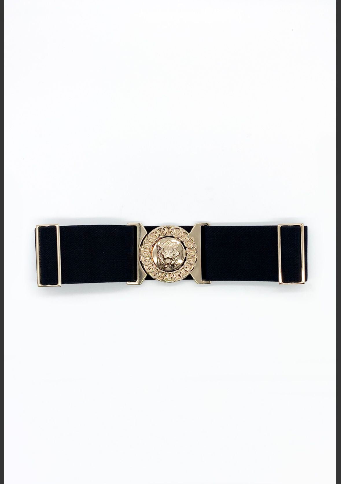 Elasticated wait belt with gold lion buckle