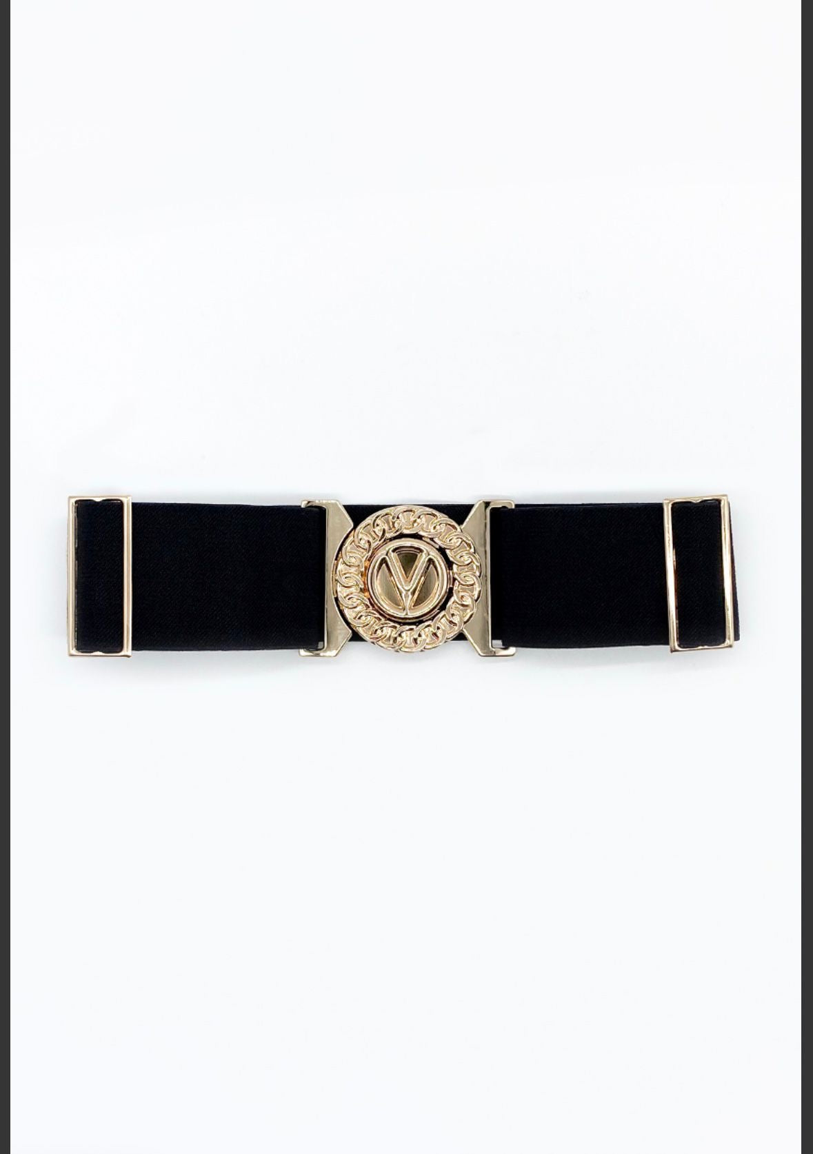 Elasticated waist belt with gold V buckle