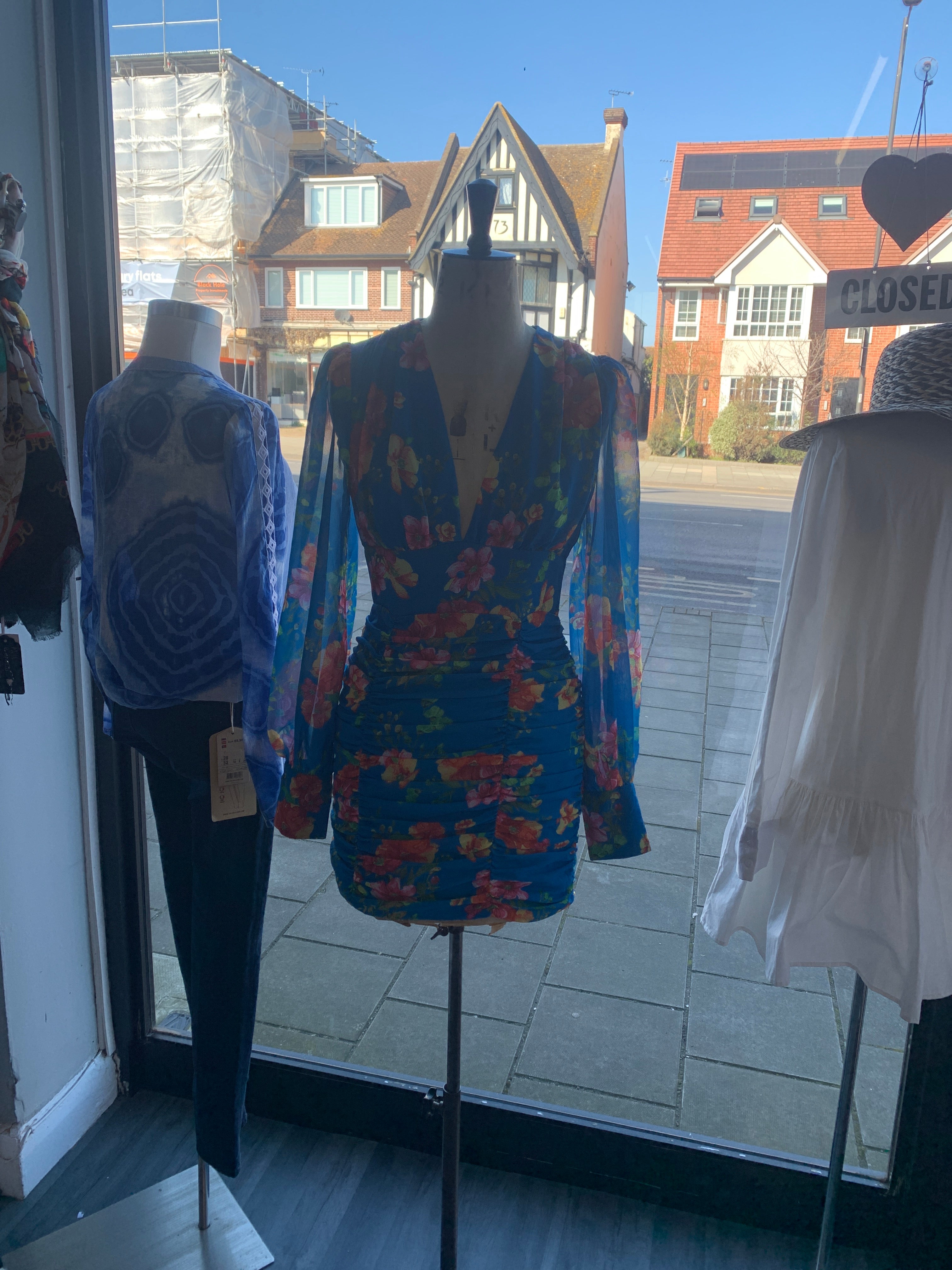 Blue ruched floral dress