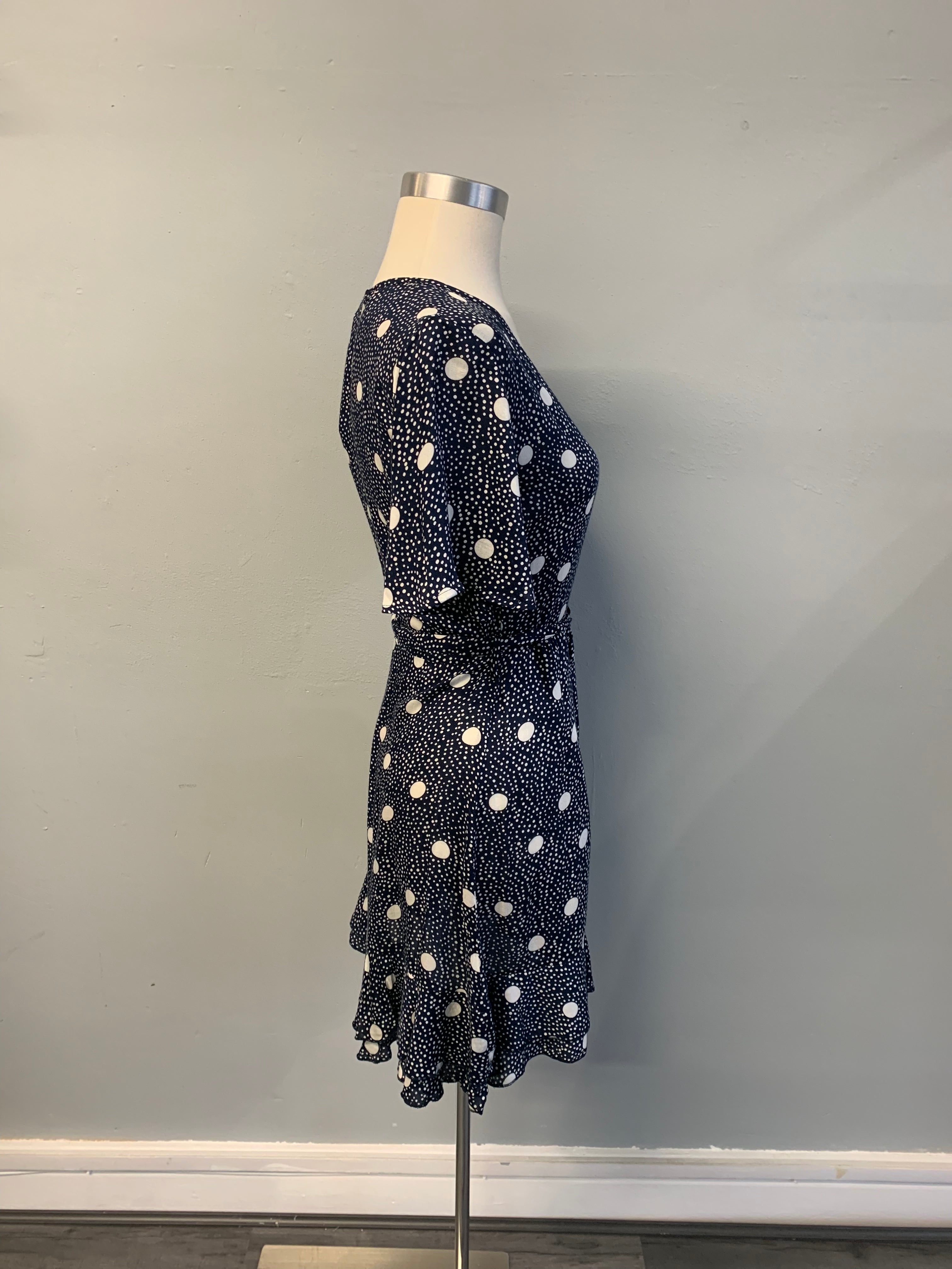 S/S Navy Mono Spot Wrap Dress