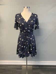 S/S Navy Mono Spot Wrap Dress