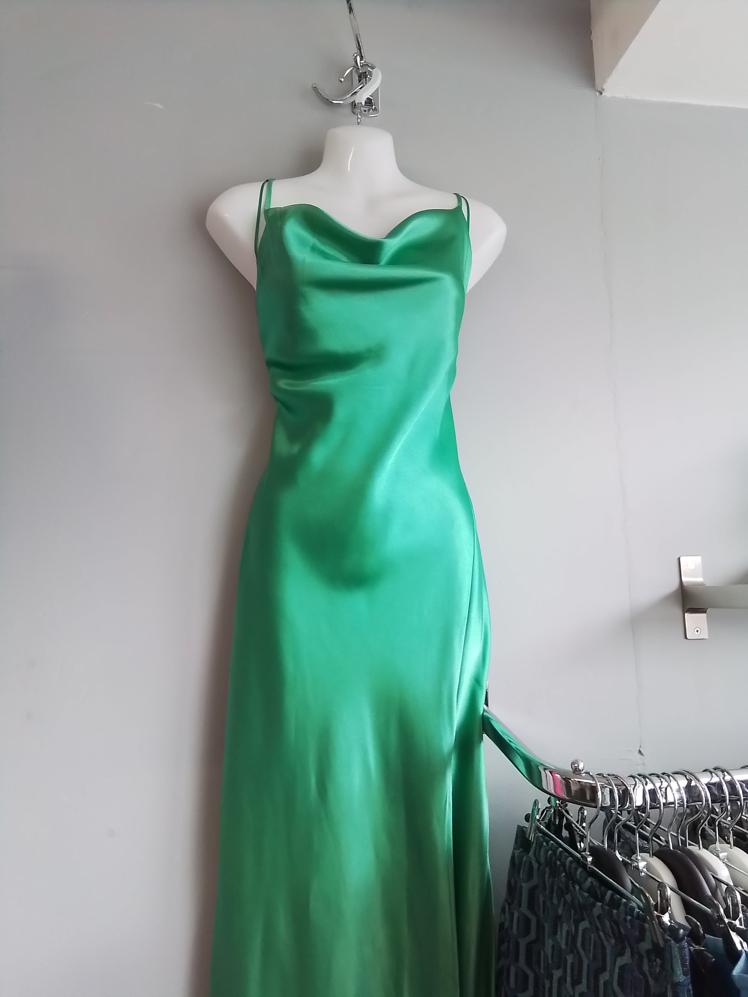 Green satin maxi dress