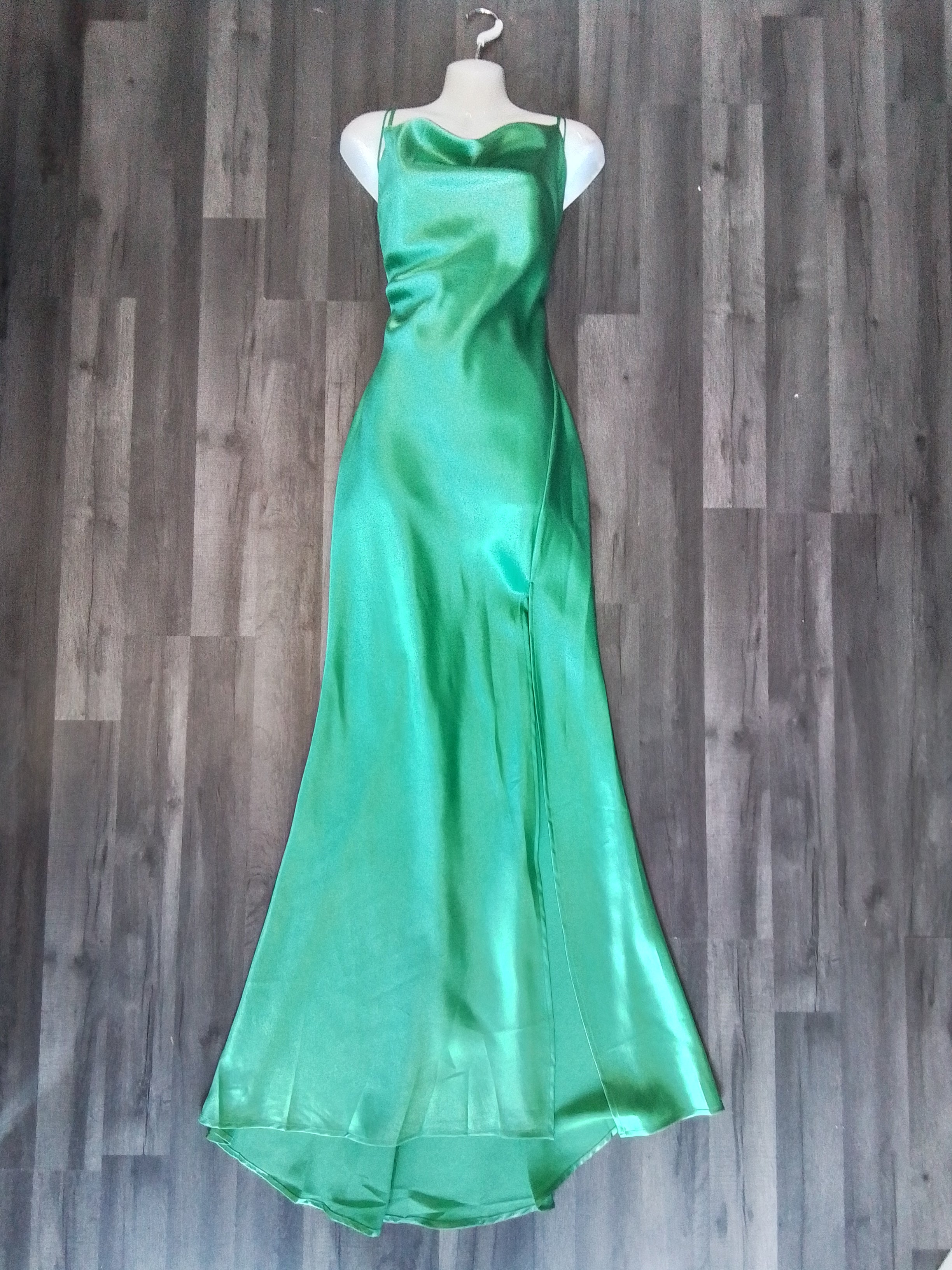 Green satin maxi dress