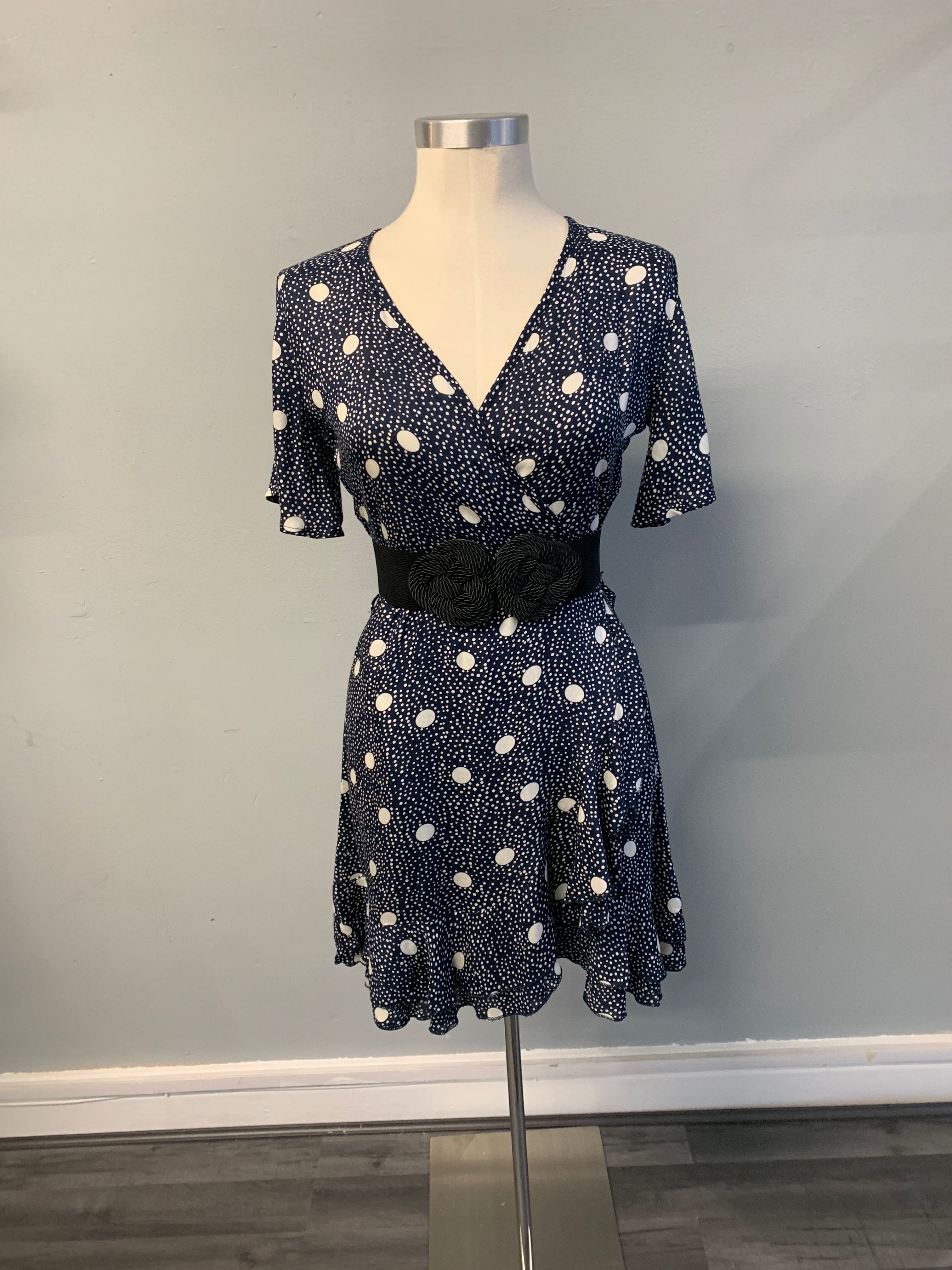 S/S Navy Mono Spot Wrap Dress