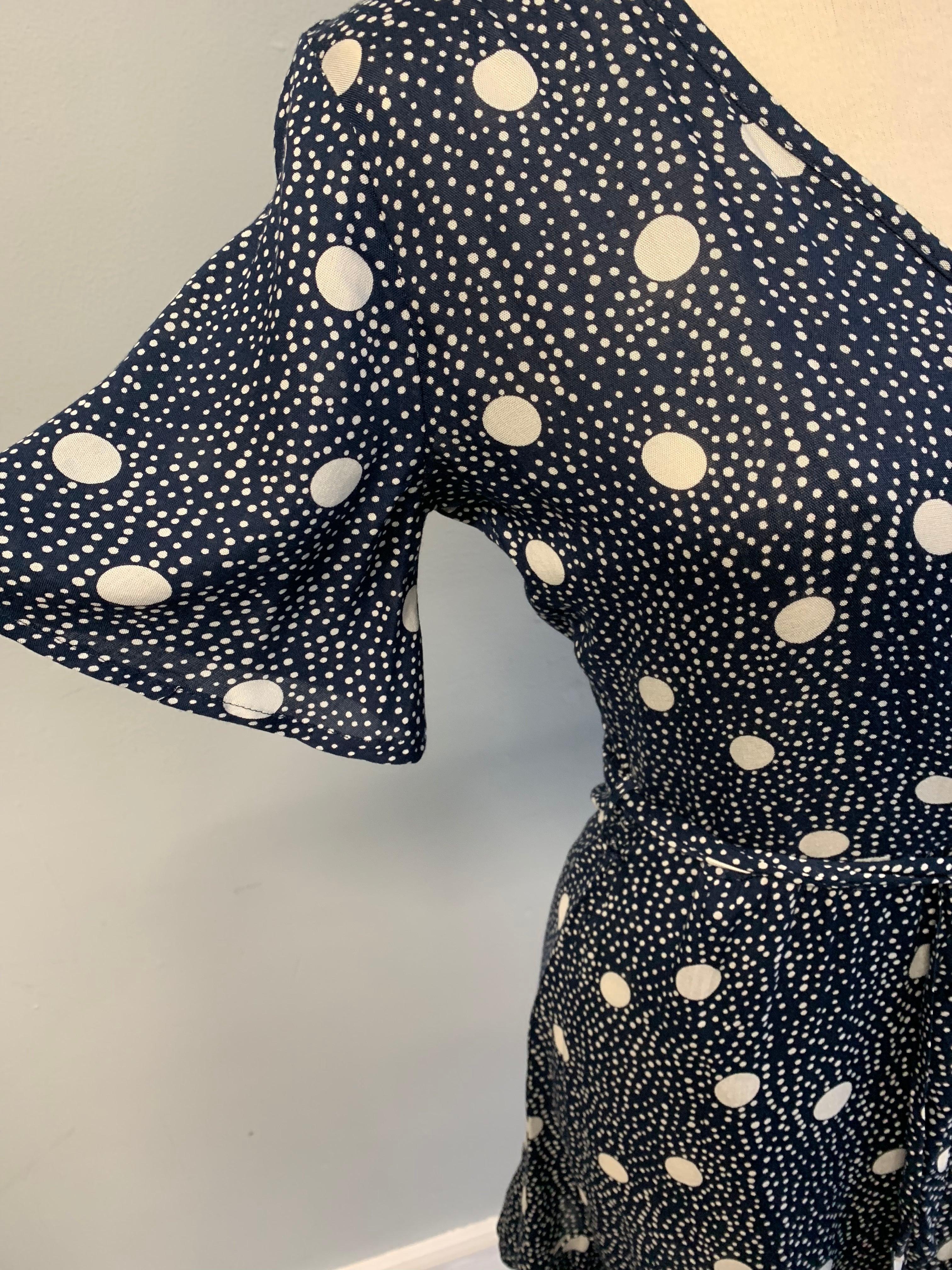 S/S Navy Mono Spot Wrap Dress