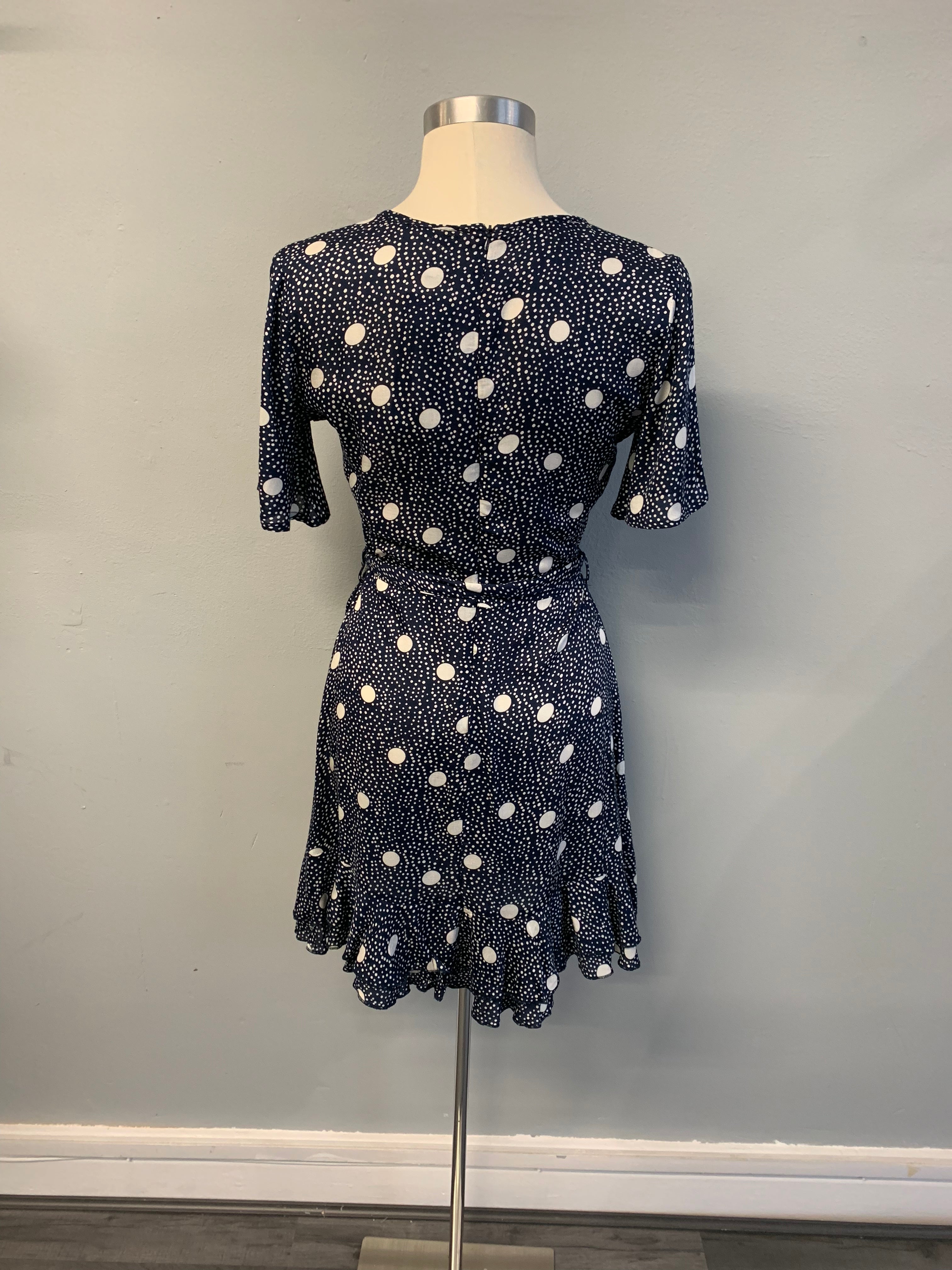 S/S Navy Mono Spot Wrap Dress